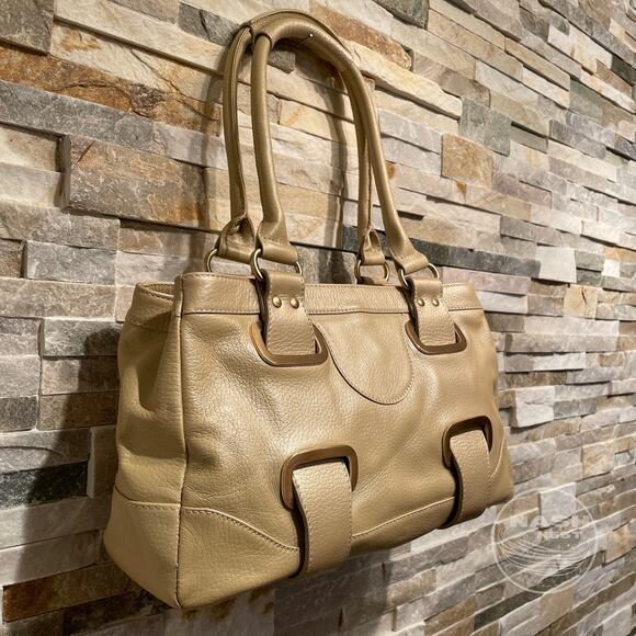 MAXX New York Pebbled Leather Satchel | Tan Neutral Gold Shoulder Leopard Tote - Picture 5 of 13